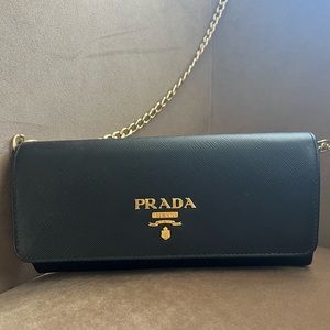Prada black saffiano leather wallet on chain